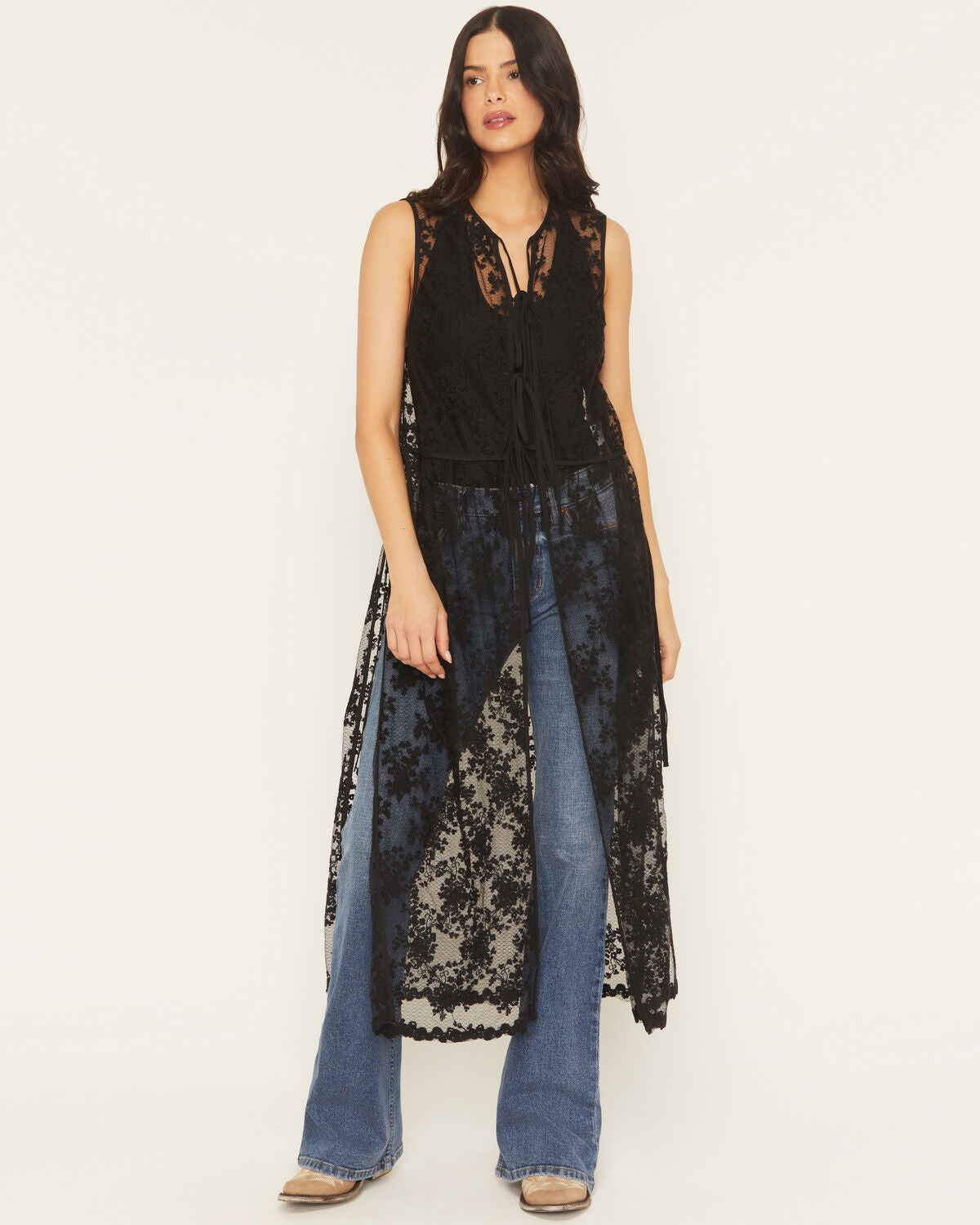 Listicle Women's Sleeveless Floral Lace Tie Front Kimono, Black, hi-res