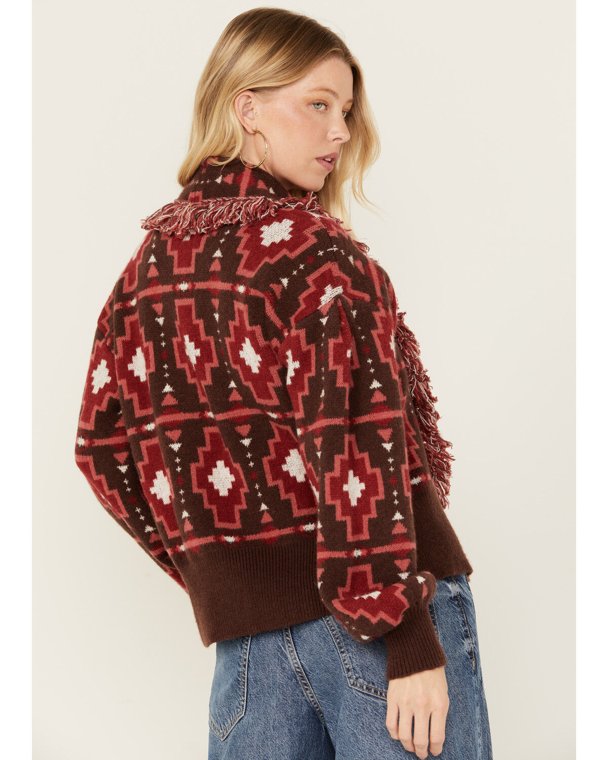 Image #4 - Shyanne Women's Cropped Southwestern Print Fringe Sweater, Mahogany, hi-res