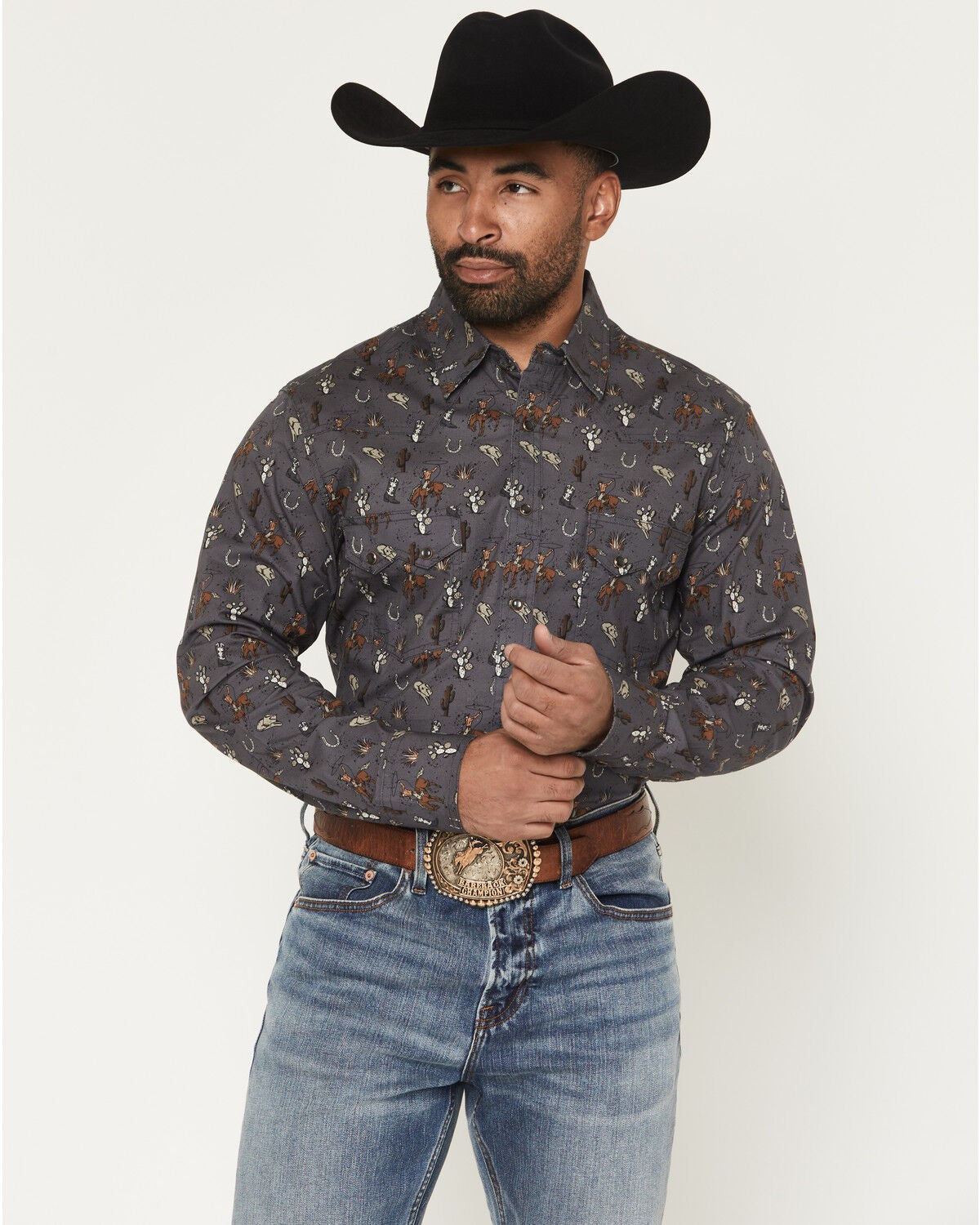 Rock & Roll Denim Men's Conversation Print Long Sleeve Snap Stretch Western Shirt, Charcoal, hi-res