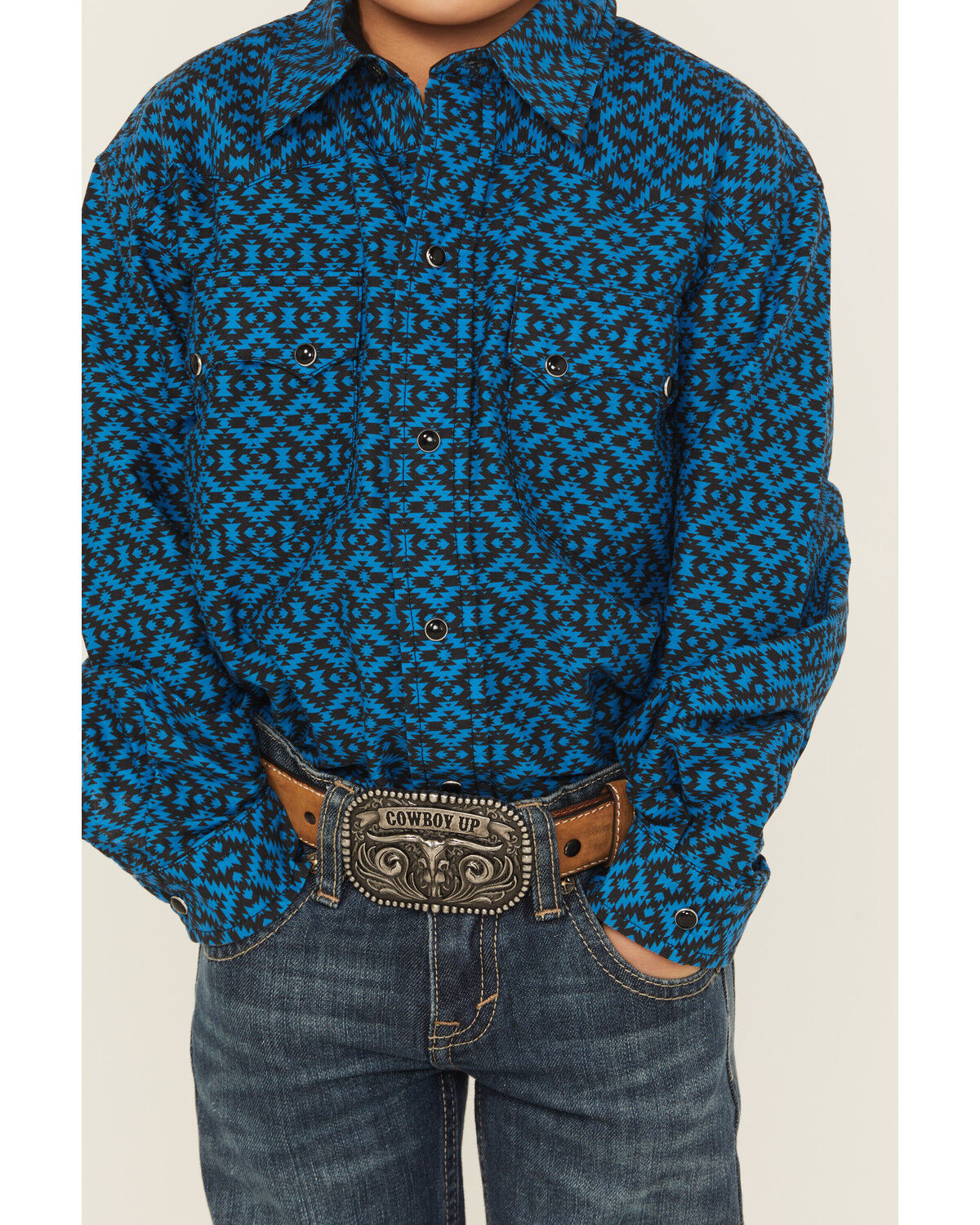 Image #2 - Roper Boys' Southwestern Print Long Sleeve Snap Western Shirt, Blue, hi-res