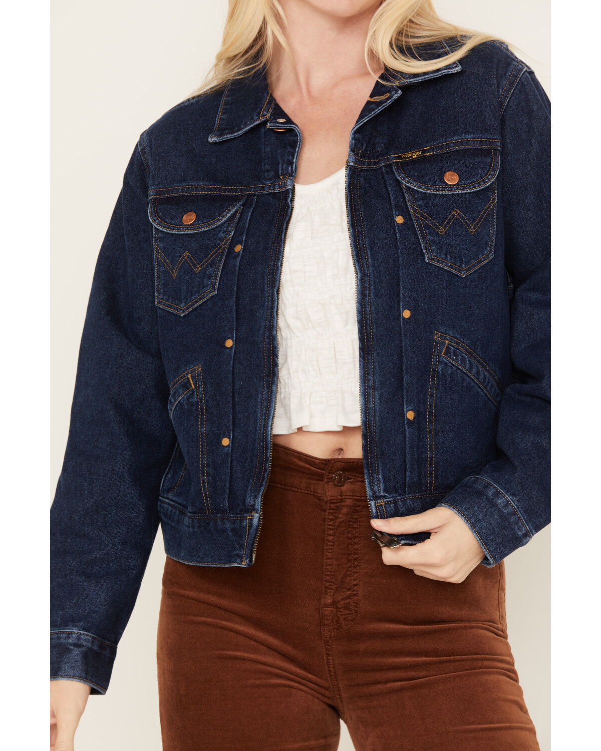 Image #3 - Wrangler Women's Flannel Lined Medium Wash Pleated Denim Jacket, Blue, hi-res