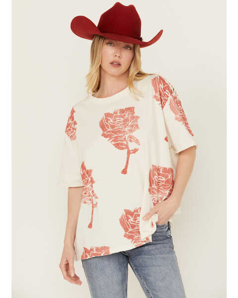 Free People Women's We The Free Painted Floral Short Sleeve Graphic Tee, White, hi-res