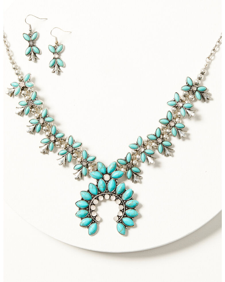 Shyanne Women's Prism Skies Turquoise Squash Blossom Necklace & Earring Set, Silver, hi-res