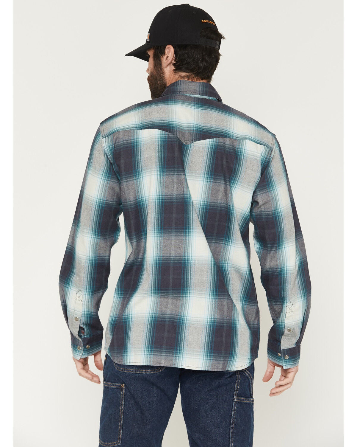 Image #4 - Carhartt Men's FR Montana Plaid Print Relaxed Fit Midweight Twill Long Sleeve Snap Work Shirt, Navy, hi-res