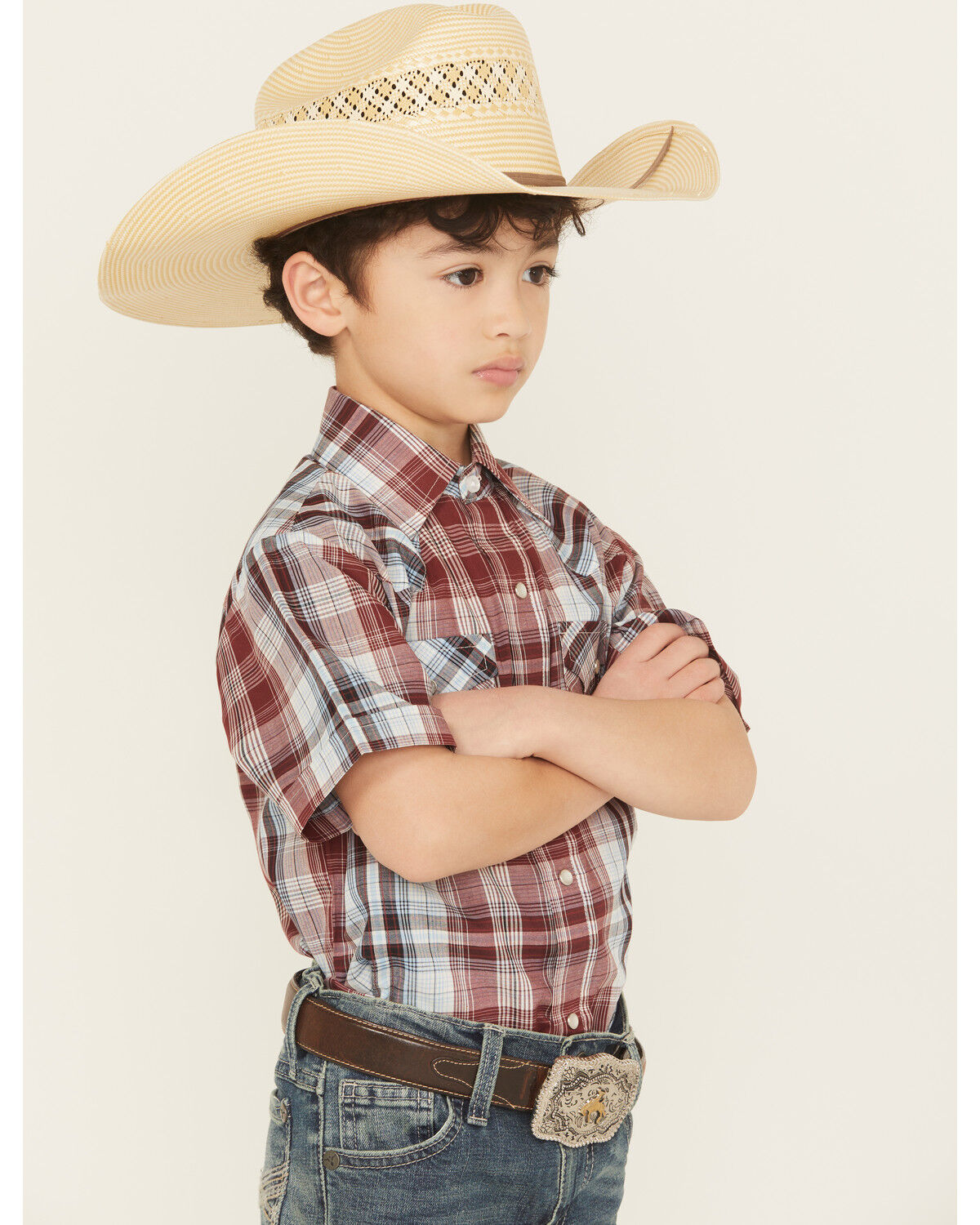 Image #2 - Ely Walker Boys' Plaid Print Short Sleeve Snap Western Shirt, Blue/red, hi-res