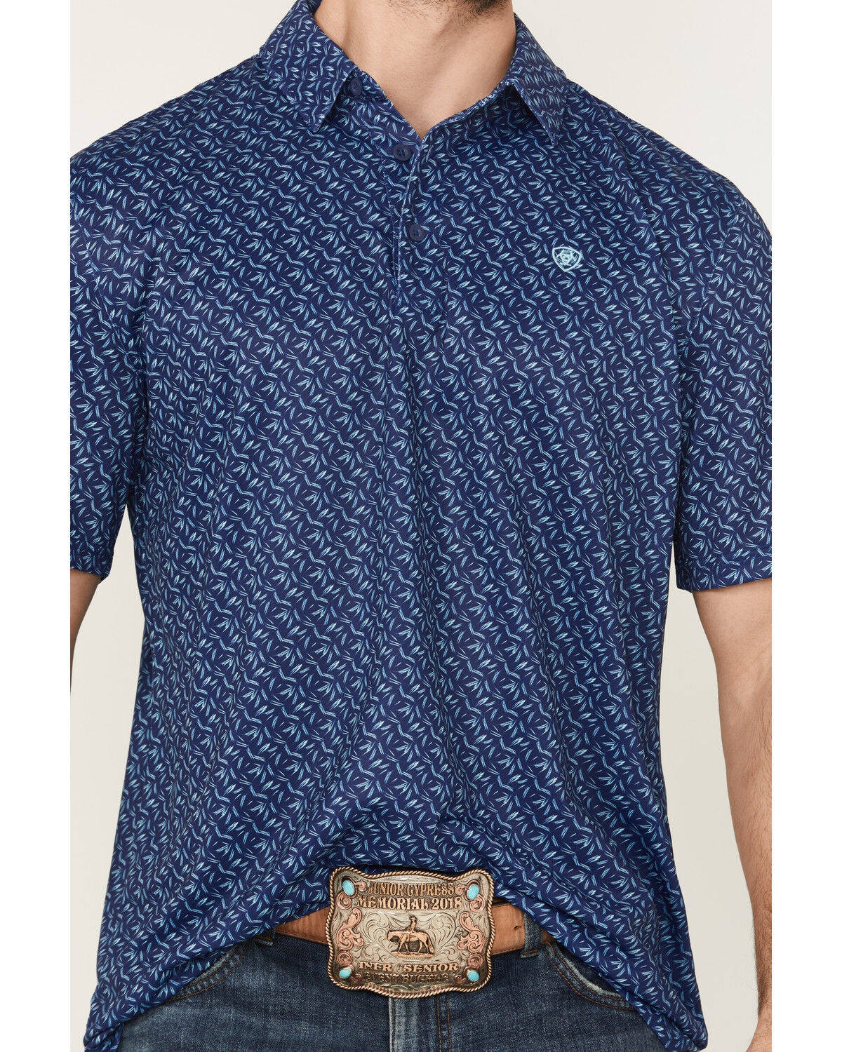 Image #3 - Ariat Men's TEK Leaf Print Short Sleeve Performance Polo, Blue, hi-res