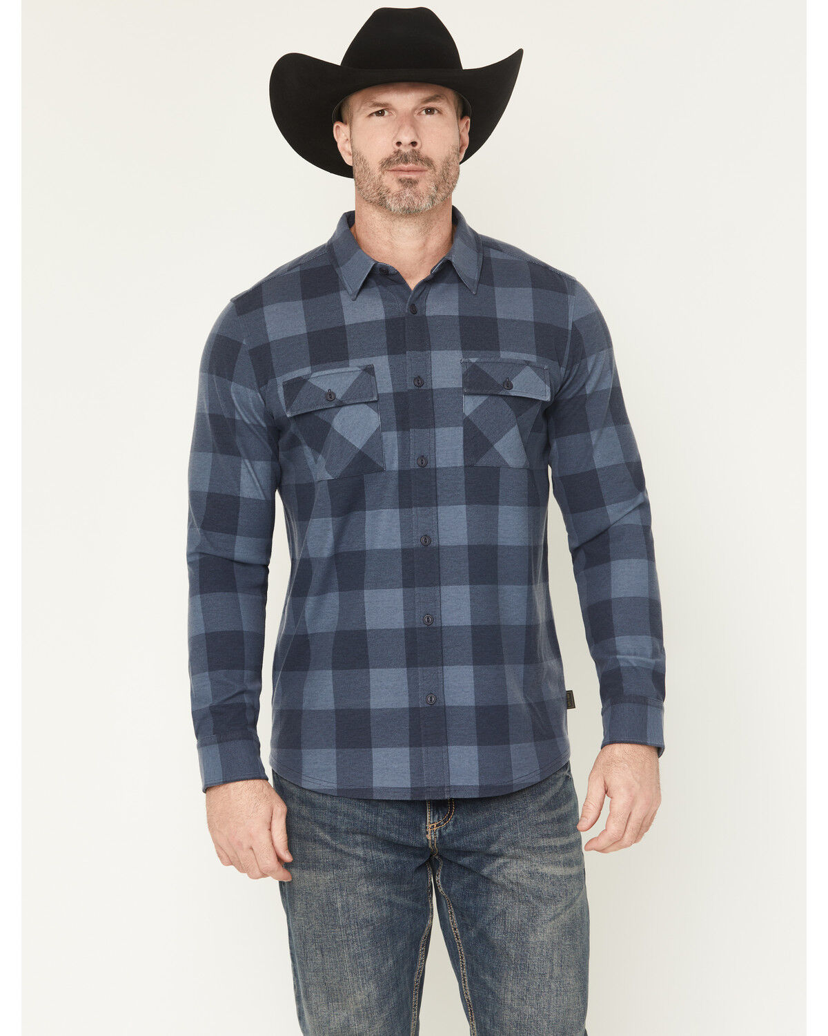 Image #1 - Brothers and Sons Men's Kent Plaid Print Long Sleeve Button-Down Stretch Western Shirt, Indigo, hi-res