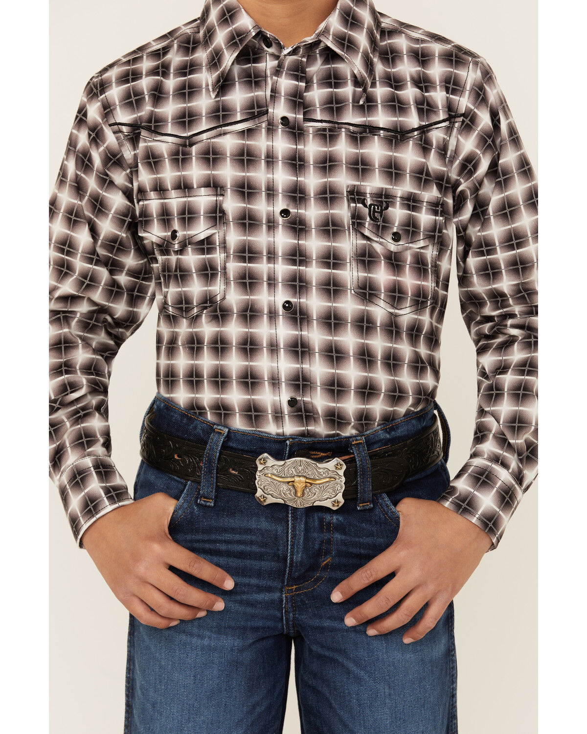 Image #3 - Cowboy Hardware Boys' Plaid Print Long Sleeve Snap Stretch Western Shirt, Black, hi-res