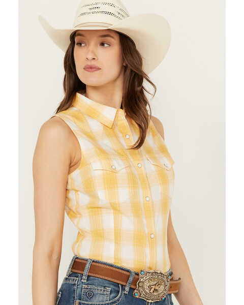 Image #3 - Wrangler Women's Gingham Sleeveless Snap Western Shirt, Yellow, hi-res