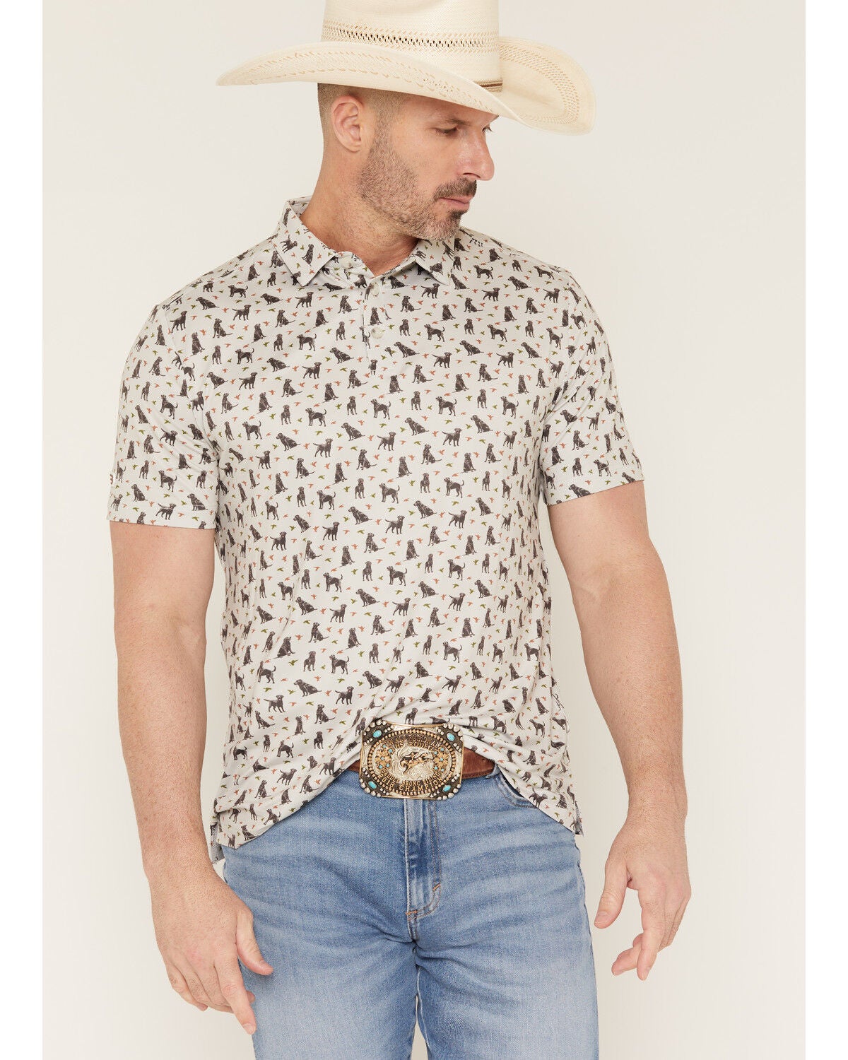 Burlebo Men's Ducks And Dogs Print Short Sleeve Button-Down Polo Shirt, Natural, hi-res