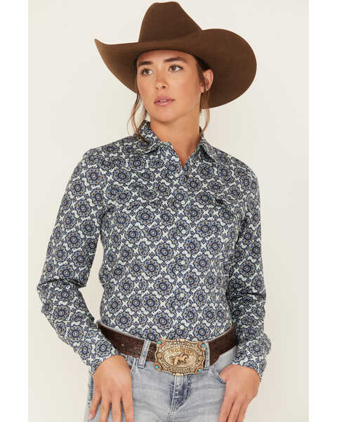 Image #1 - Cinch Women's Tile Print Long Sleeve Western Snap Shirt, Blue, hi-res