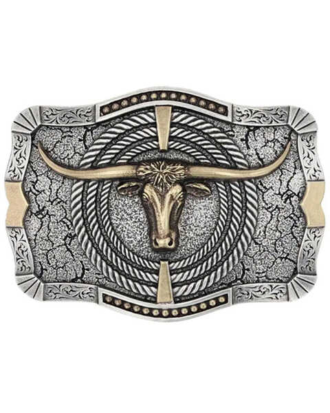 Montana Silversmiths Men's Roping Ready Longhorn Attitude Belt Buckle, Silver, hi-res