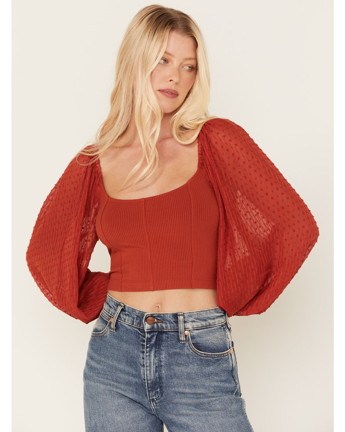 Image #1 - Beyond The Radar Women's Long Puff Sleeve Corset Blouse, Rust Copper, hi-res