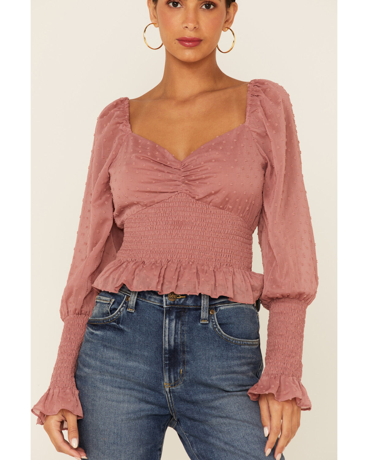Image #3 - Sadie & Sage Women's Rachel Smocked Long Sleeve Top, Mauve, hi-res