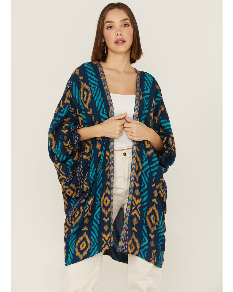 Ariat Women's Coachella Multicolored Southwestern Kimono Wrap , Navy, hi-res
