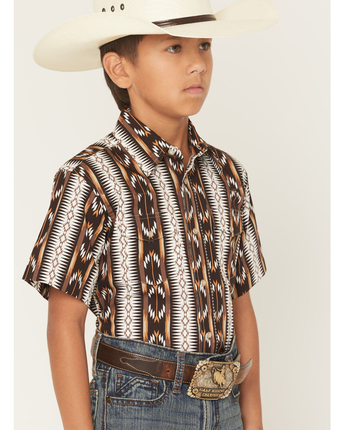 Image #2 - Wrangler Boys' Checotah Southwestern Striped Short Sleeve Pearl Snap Western Shirt, Brown, hi-res
