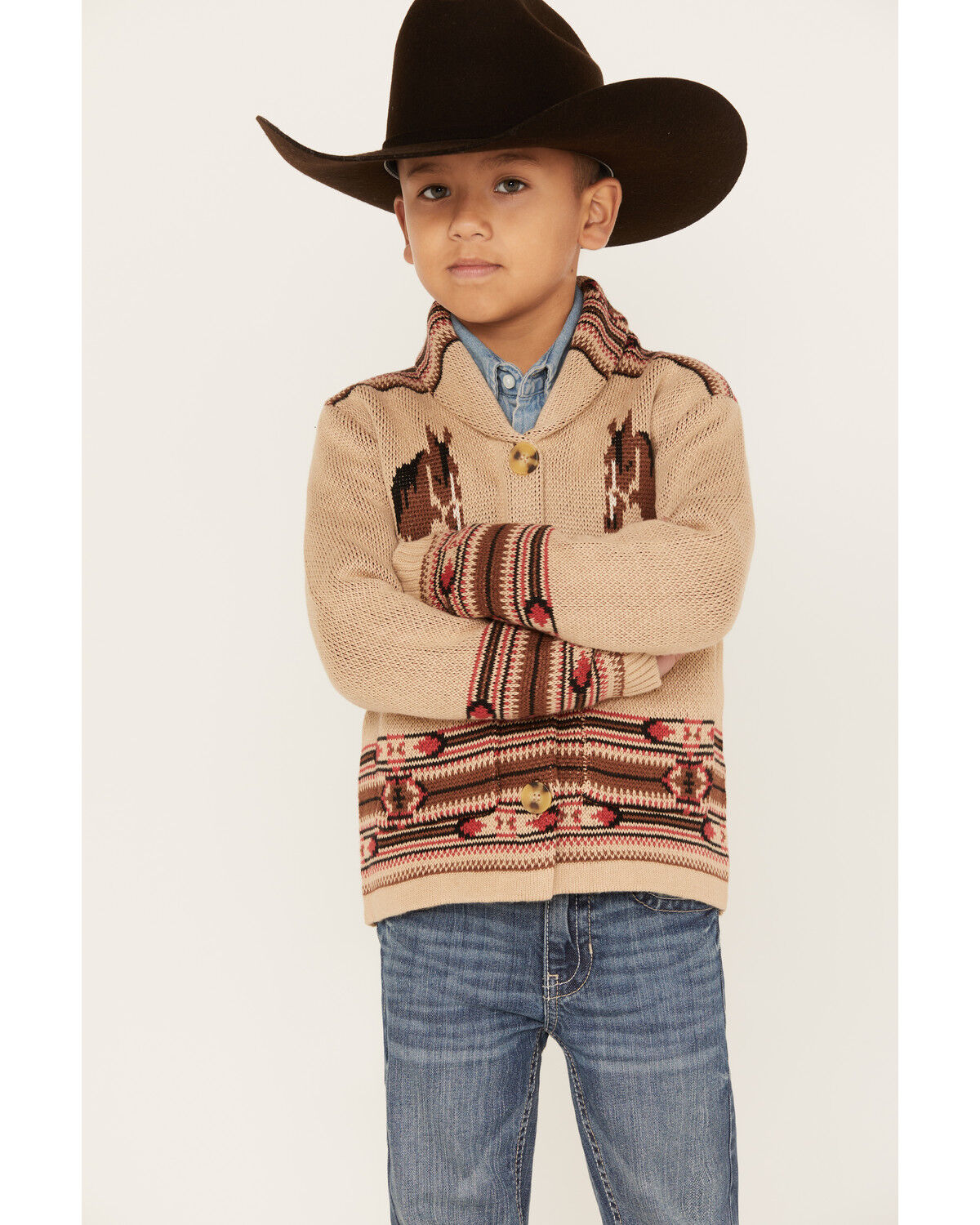 Image #1 - Cotton & Rye Boys' Horse Graphic Button-Down Cardigan, Tan, hi-res