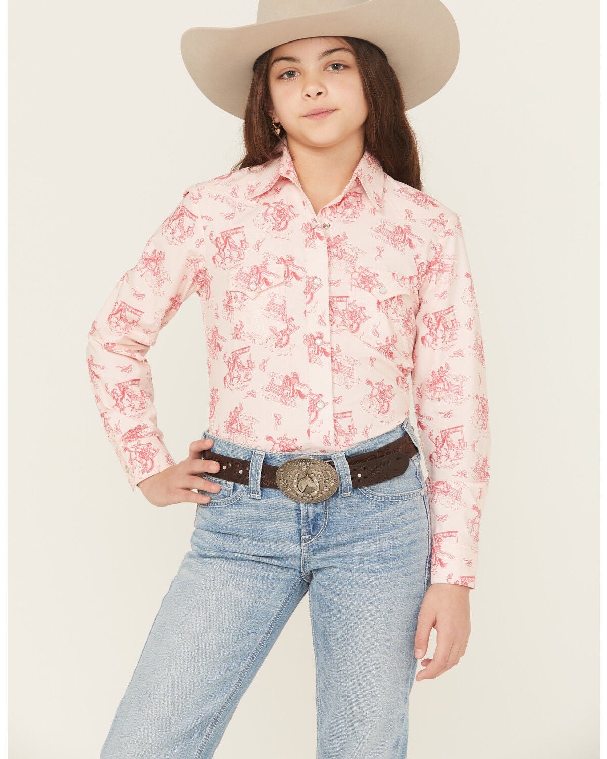 Panhandle Slim Girls' Conversation Print Long Sleeve Snap Western Shirt, Pink, hi-res