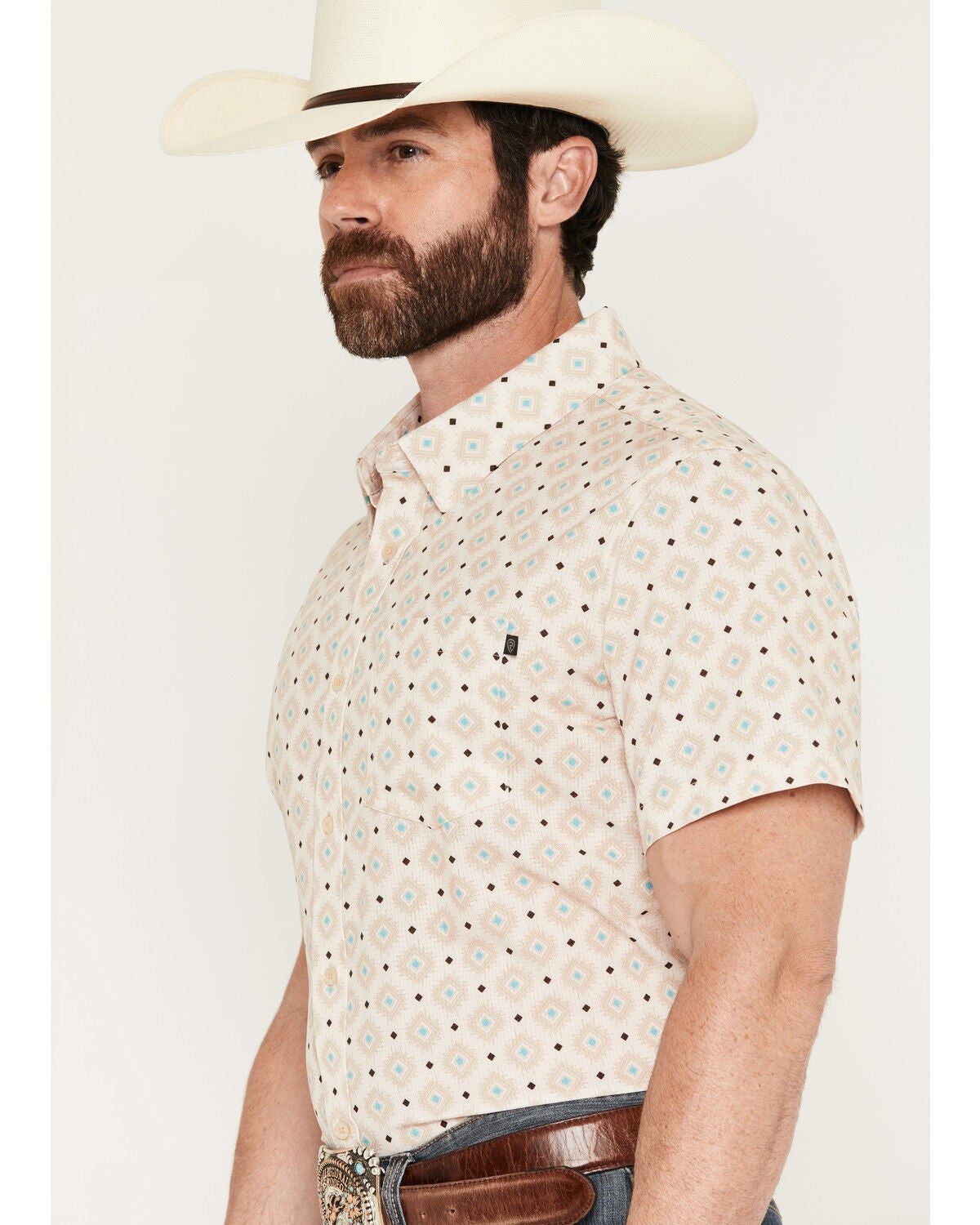 Image #2 - Rock & Roll Denim Men's TEK Medallion Print Short Sleeve Button-Down Performance Western Shirt, Natural, hi-res