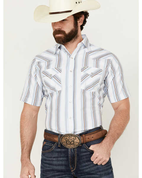 Ely Walker Men's Striped Print Short Sleeve Snap Western Shirt , Light Blue, hi-res
