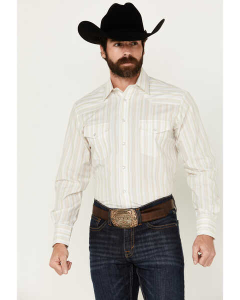 Image #1 - Roper Men's Striped Long Sleeve Pearl Snap Western Shirt - Tall , Cream, hi-res