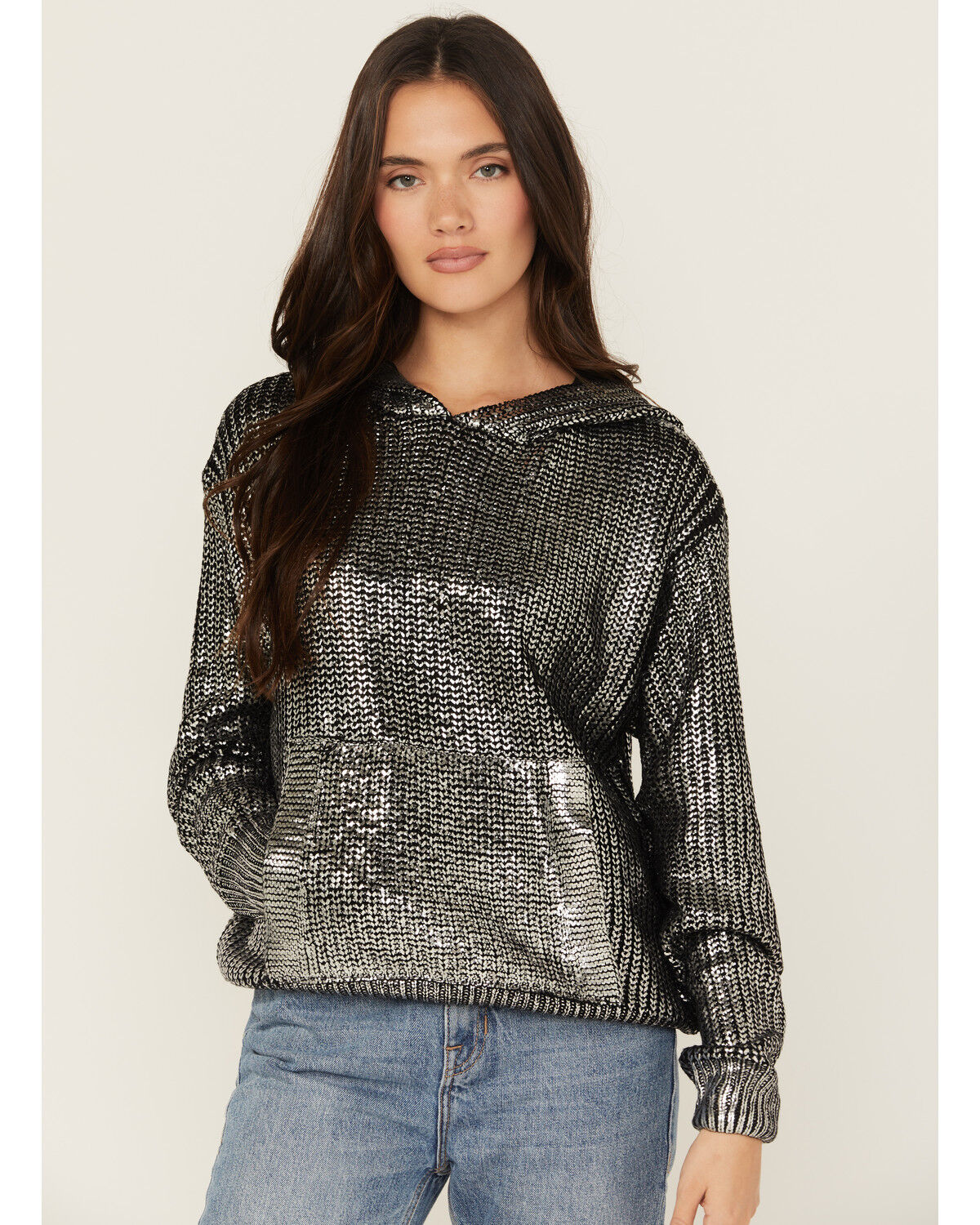 Image #1 - Revel Women's Metallic Sparkle Hoodie, Silver, hi-res