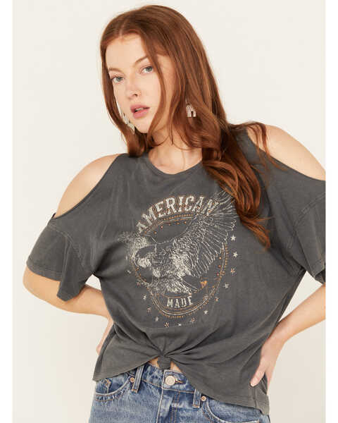 Image #2 - White Crow Women's American Eagle Cold Shoulder Graphic Tee, Charcoal, hi-res