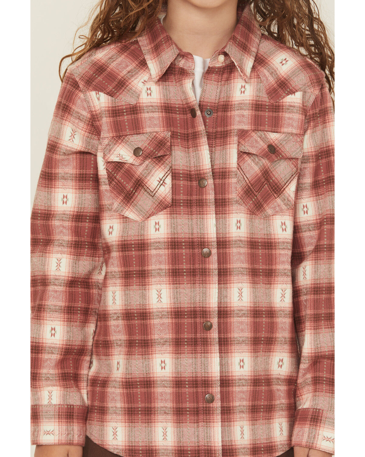Image #3 - Wrangler Girls' Plaid Print Long Sleeve Snap Flannel Shirt, Rust Copper, hi-res