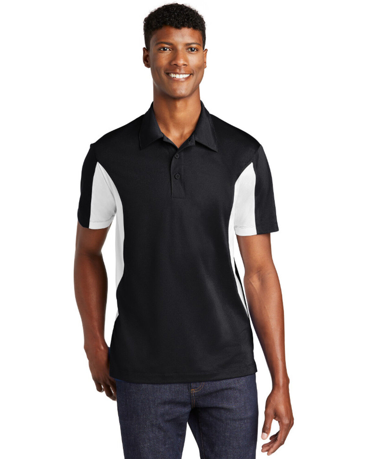 Image #1 - Sport Tek Men's White Colorblock Sport Wick Short Sleeve Work Polo Shirt, , hi-res