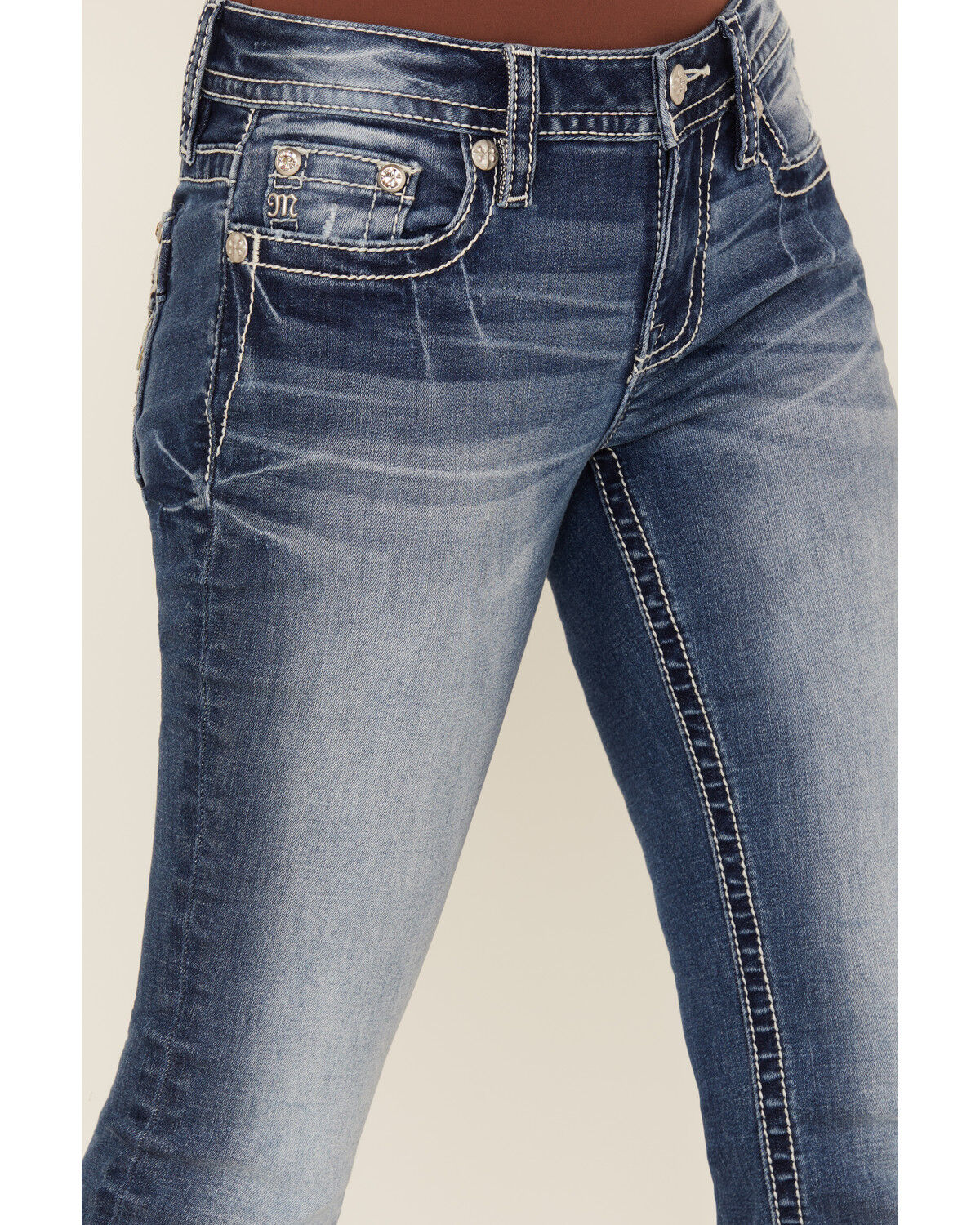 Image #4 - Miss Me Women's Medium Wash Mid Rise Winged Pocket Bootcut Stretch Denim Jeans, Medium Wash, hi-res