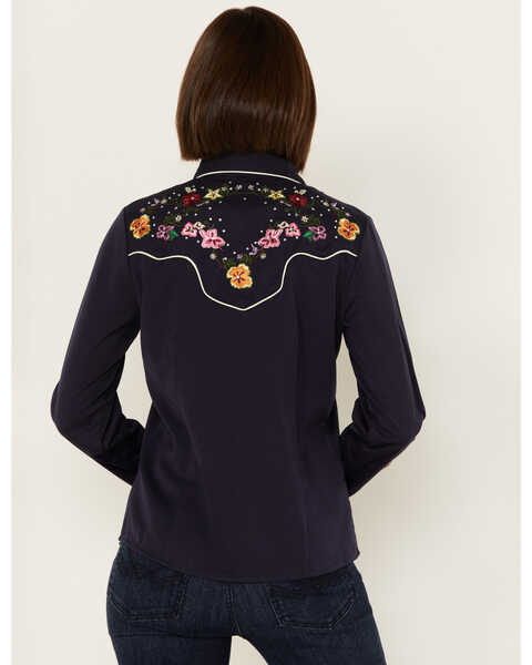 Image #4 - Scully Women's Floral Embroidered Long Sleeve Western Snap Shirt, Navy, hi-res