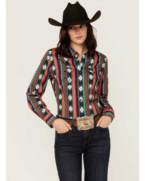 Wrangler Retro Women's Checotah Southwestern Print Long Sleeve Snap Western Shirt , Multi, hi-res