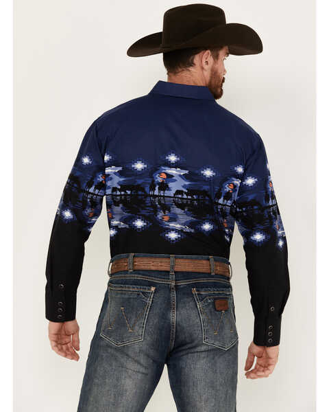 Image #4 - Panhandle Men's Cowboy Border Print Long Sleeve Snap Western Shirt, Blue, hi-res