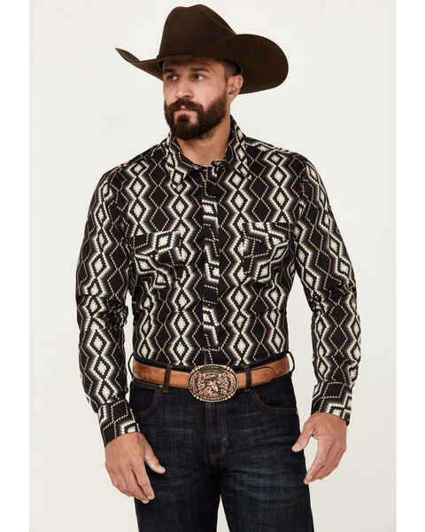 Image #1 - Rock & Roll Denim Men's Southwestern Print Long Sleeve Snap Stretch Western Shirt, Black, hi-res