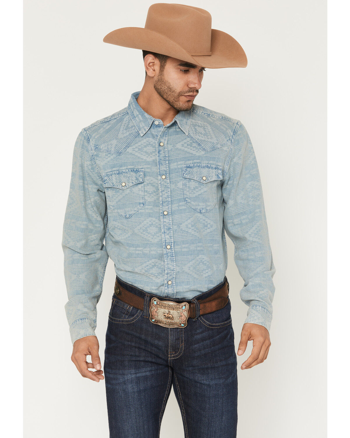 Image #1 - Cody James Men's Marley Tonal Southwestern Long Sleeve Snap Denim Western Shirt, Blue, hi-res
