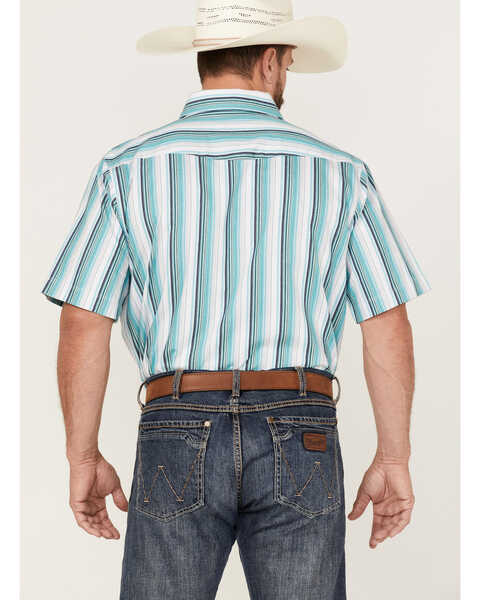 Image #4 - Panhandle Select Men's Serape Striped Print Short Sleeve Pearl Snap Western Shirt , Aqua, hi-res