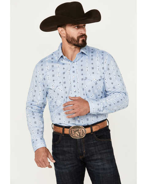 Rough Stock by Panhandle Men's Chambray Southwestern Print Long Sleeve Snap Western Shirt, Blue, hi-res