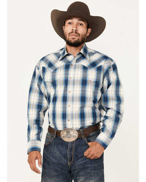Image #1 - Stetson Men's Plaid Print Long Sleeve Snap Western Shirt, Blue, hi-res