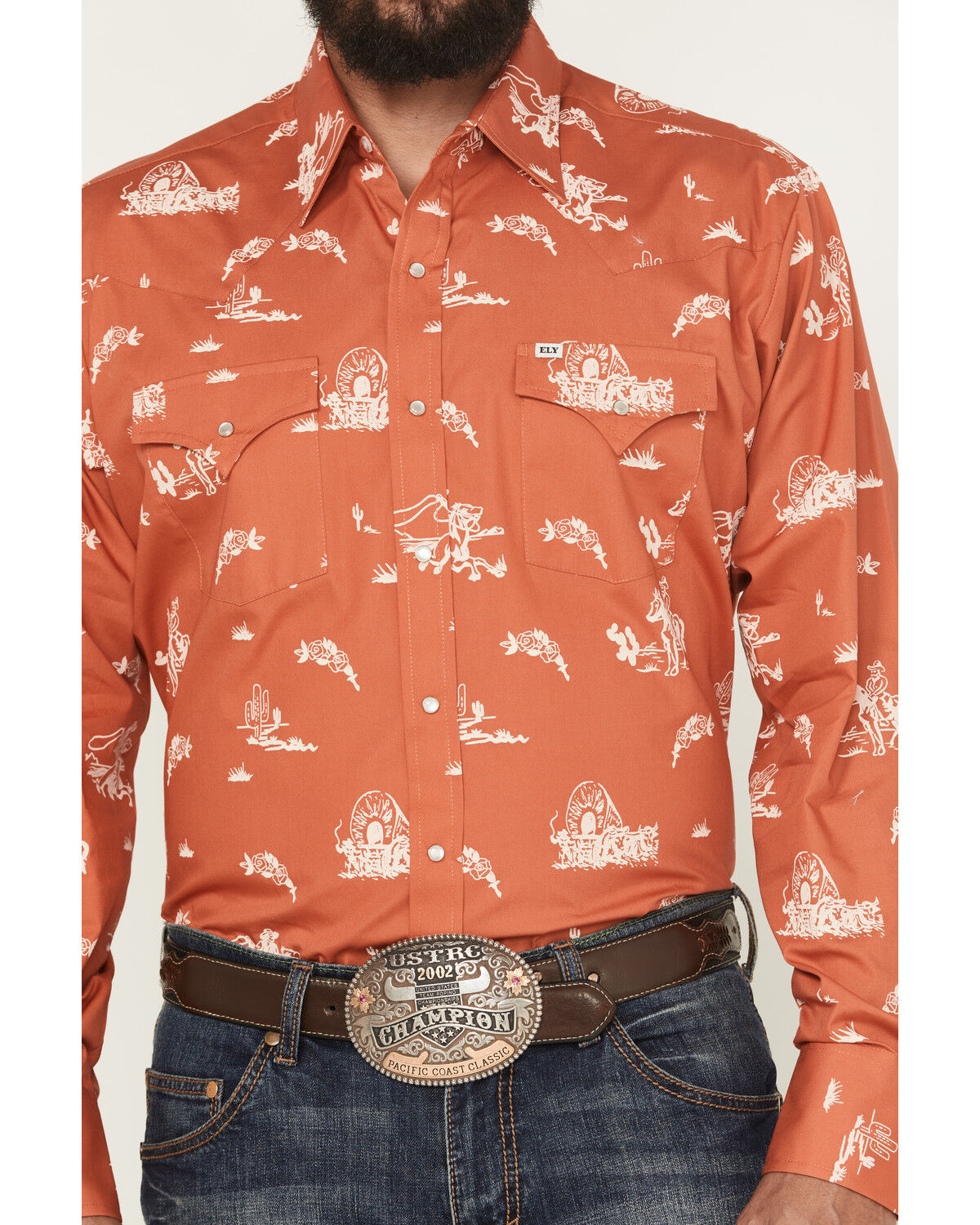 Image #3 - Ely Walker Men's Horse Print Long Sleeve Snap Western Shirt, Dark Orange, hi-res