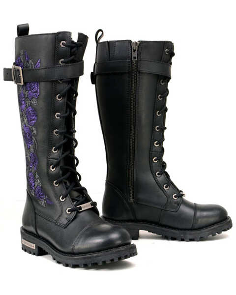 Milwaukee Leather Women's Floral Embroidered Tall Motorcycle Boots - Round Toe , Black/purple, hi-res