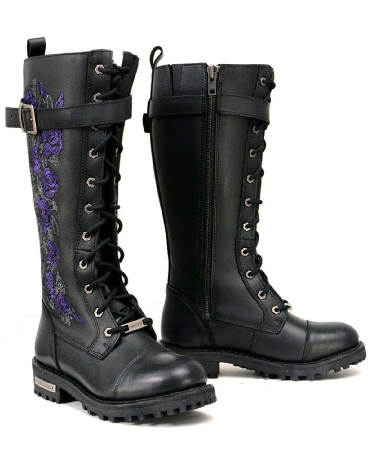 Image #1 - Milwaukee Leather Women's Floral Embroidered Tall Motorcycle Boots - Round Toe, Black/purple, hi-res
