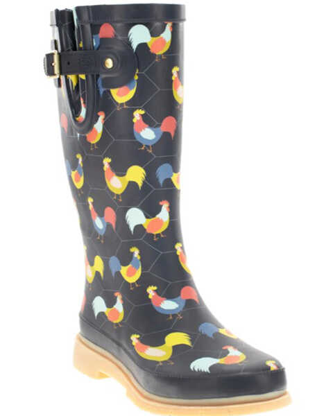 Image #1 - Western Chief Women's Chicken Print Tall Rain Boots - Round Toe, Charcoal, hi-res