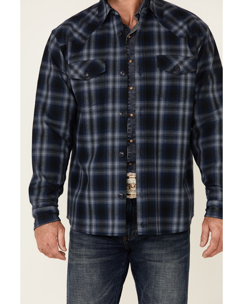 Cody James Men's Ice Cap Bonded Large Plaid Long Sleeve Snap Western Flannel Shirt , Navy, hi-res