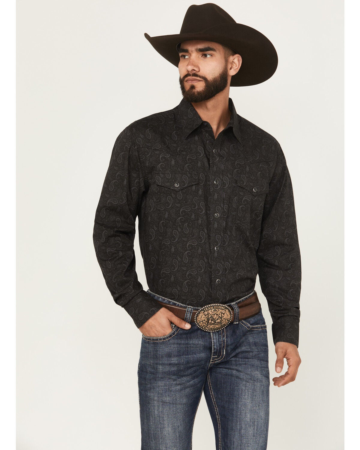 Wrangler 20X Men's Paisley Print Long Sleeve Snap Stretch Western Shirt, Black, hi-res