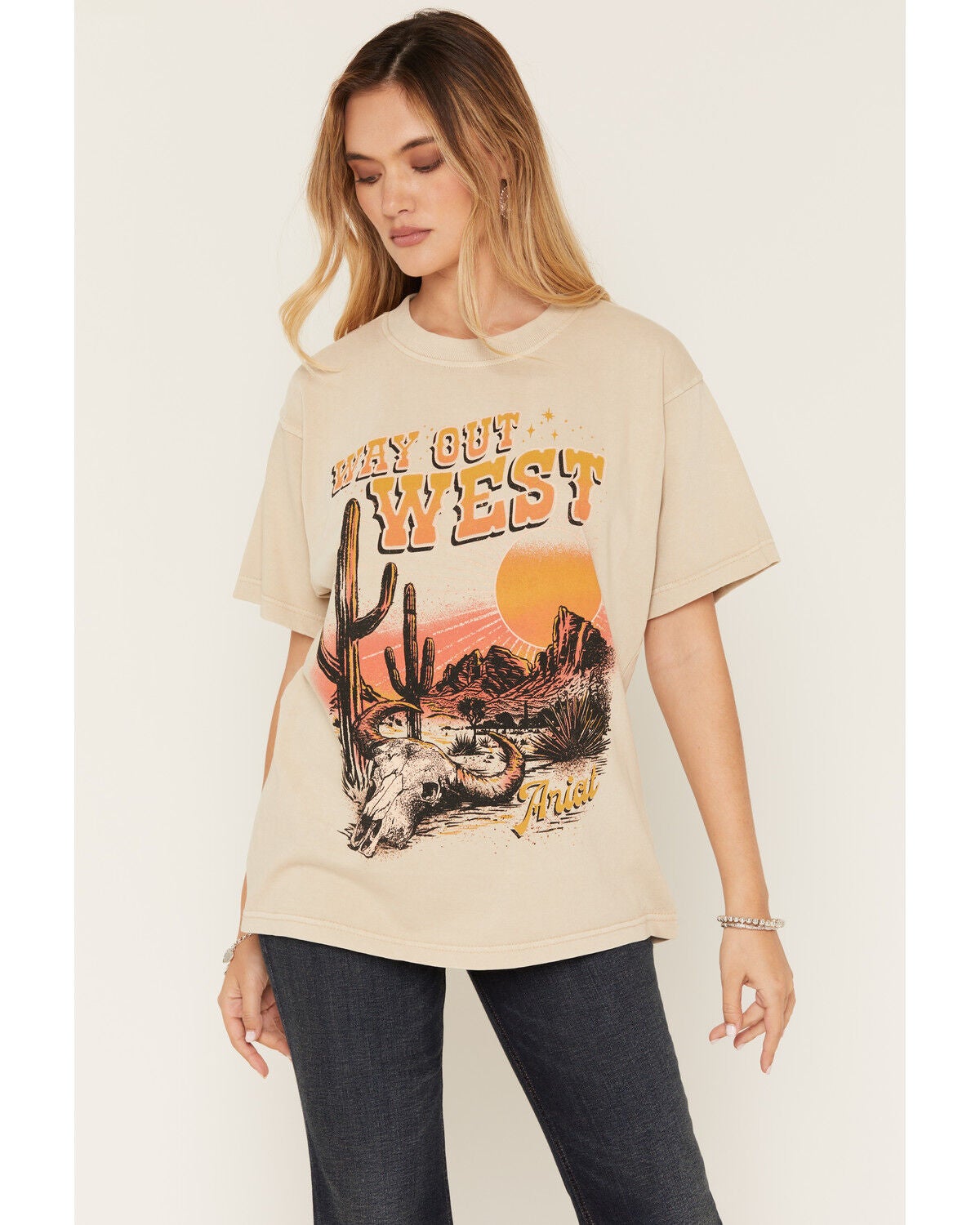 Image #1 - Ariat Women's Way Out West Short Sleeve Graphic Tee, Tan, hi-res