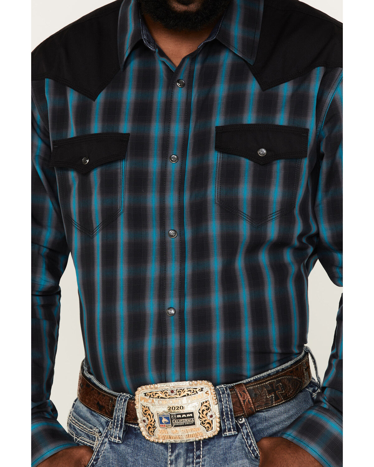 Image #3 - Moonshine Spirit Men's Bandit Small Plaid Print Pearl Snap Western Shirt, Black, hi-res