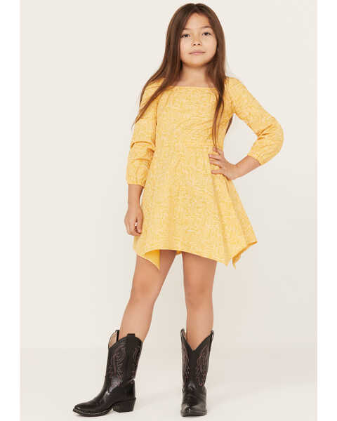 Image #1 - Wrangler Girls' Boot Print Long Sleeve Dress, Yellow, hi-res