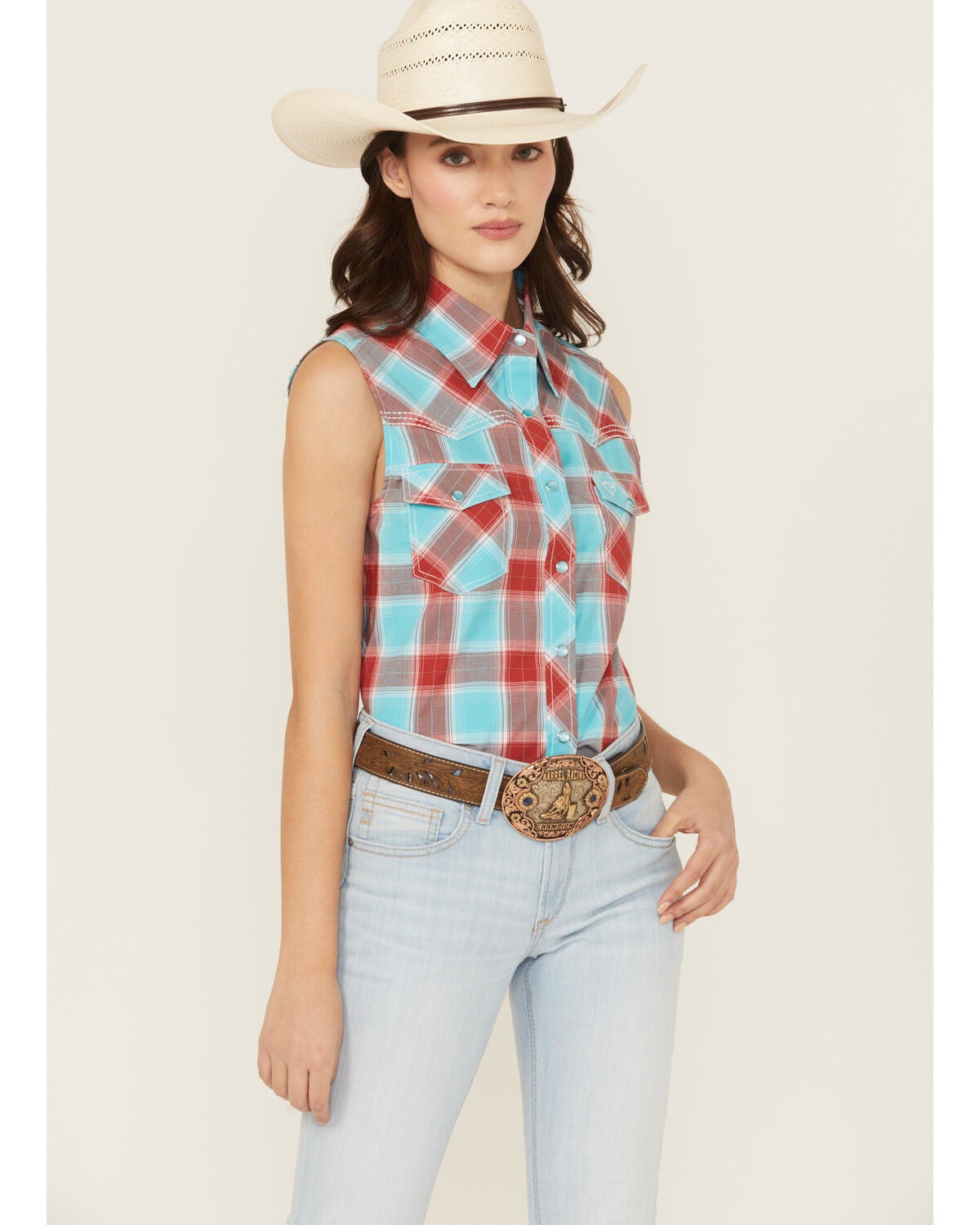 Cowgirl Hardware Women's Plaid Print Sleeveless Snap Stretch Western Shirt, Red, hi-res