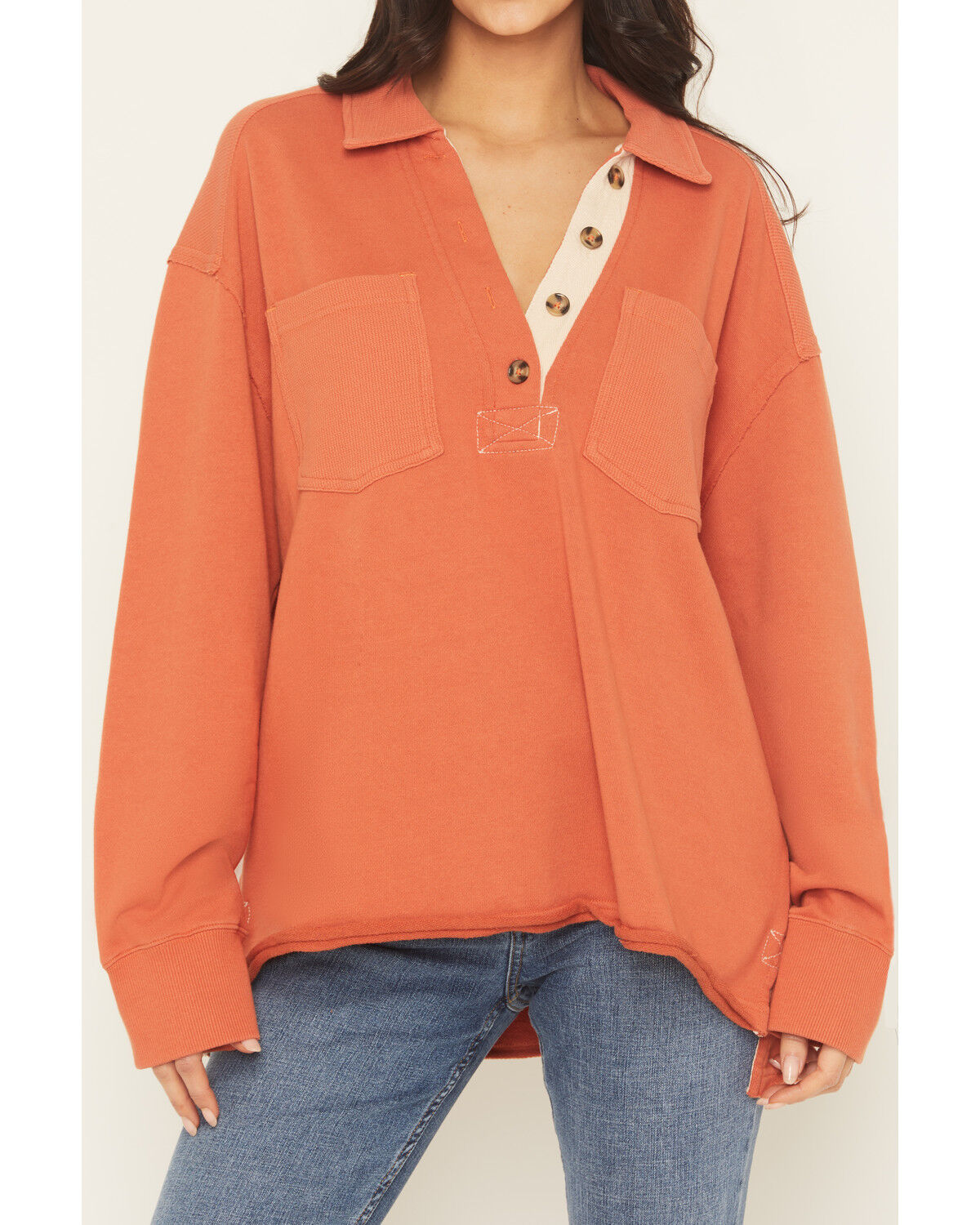 Image #3 - Cleo & Wolf Women's Solid French Terry Long Sleeve Quarter Button-Down Shirt, Orange, hi-res
