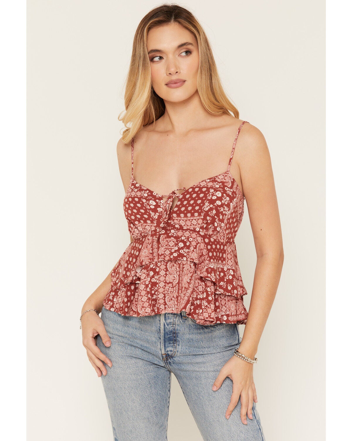 Image #3 - Cleo + Wolf Women's Bandana Print Sleeveless Tiered Cami, Brick Red, hi-res